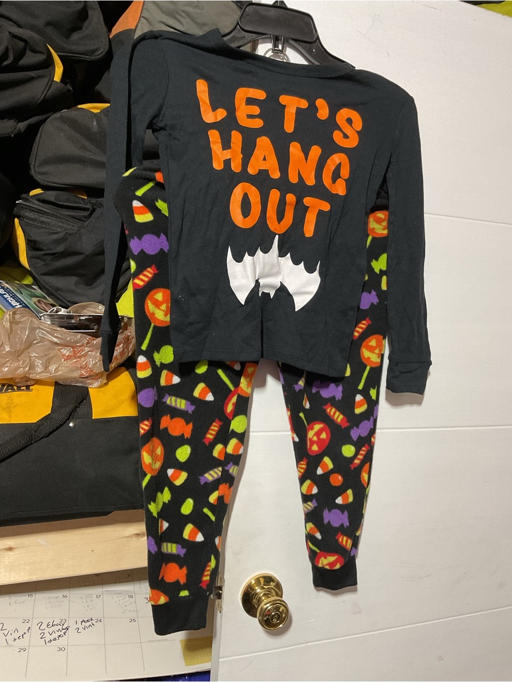 Kids Halloween Pajama Set - Black "Let's Hang Out" Top & Candy Print Pants